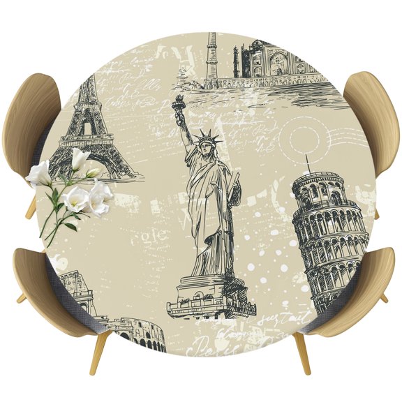 Fitted Round Tablecloths Elastic Edged Table Covers 36"-44",Retro Architectural Panorama Waterproof Dining Room Table Cloth