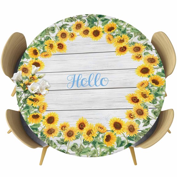 Fitted Round Tablecloths Elastic Edged Table Covers 36"-44",Spring Sunflower Leaf Waterproof Dining Room Table Cloth