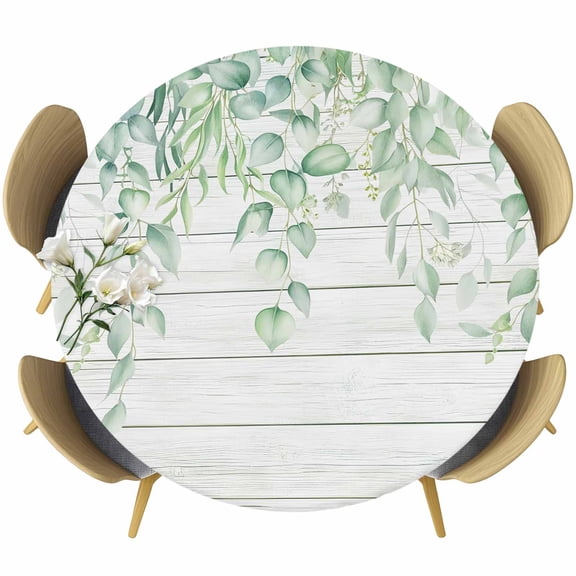 Fitted Round Tablecloths Elastic Edged Table Covers 36"-44",Summer Eucalyptus Leaves Waterproof Dining Room Table Cloth