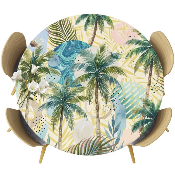 Fitted Round Tablecloths Elastic Edged Table Covers 36"-44",Tropical Palm Coconut Leaves Waterproof Dining Room Table Cloth
