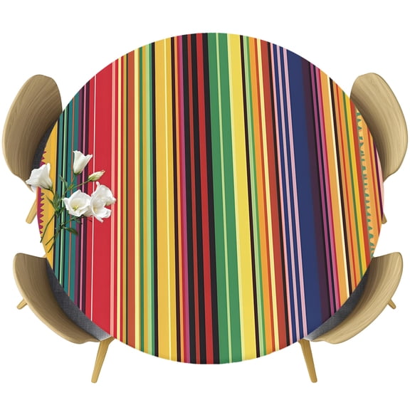 Fitted Round Tablecloths Elastic Edged Table Covers 36"-44",Vintage Mexico Colorful Stripe Waterproof Dining Room Table Cloth