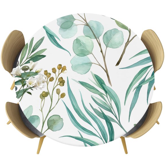 Fitted Round Tablecloths Elastic Edged Table Covers 36"-44",Watercolor Eucalyptus Leaves Waterproof Dining Room Table Cloth