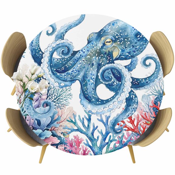 Fitted Round Tablecloths Elastic Edged Table Covers 36"-44",Watercolor Octopus Huge Monster Waterproof Dining Room Table Cloth