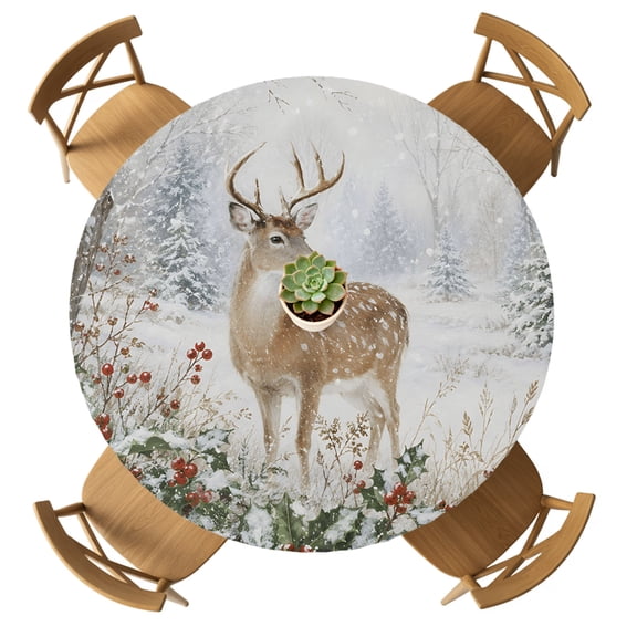 Fitted Round Tablecloths Elastic Edged Table Covers 36"-44",Winter Snow Forest Deer Waterproof Dining Room Table Cloth