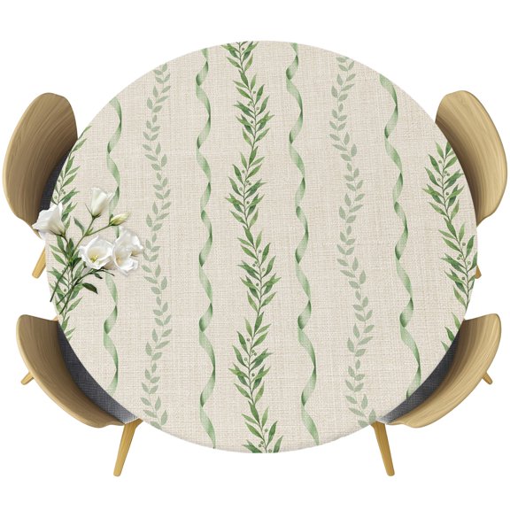 Fitted Round Tablecloths Elastic Edged Table Covers 45"-54",Rustic Botanical Leaves on Burlap Waterproof Dining Room Table Cloth