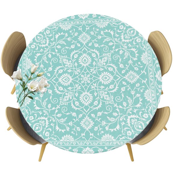 Fitted Round Tablecloths Elastic Edged Table Covers 55"-60",Boho Mint Green Paisley Floral Waterproof Dining Room Table Cloth