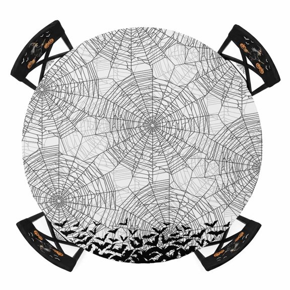 Fitted Round Tablecloths Elastic Edged Table Covers 55"-60",Halloween Spooky Night Spiderweb Waterproof Dining Room Table Cloth