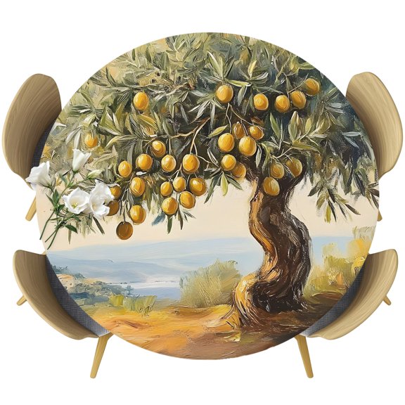 Fitted Round Tablecloths Elastic Edged Table Covers 55"-60",Rustic Lemon Tree Waterproof Dining Room Table Cloth