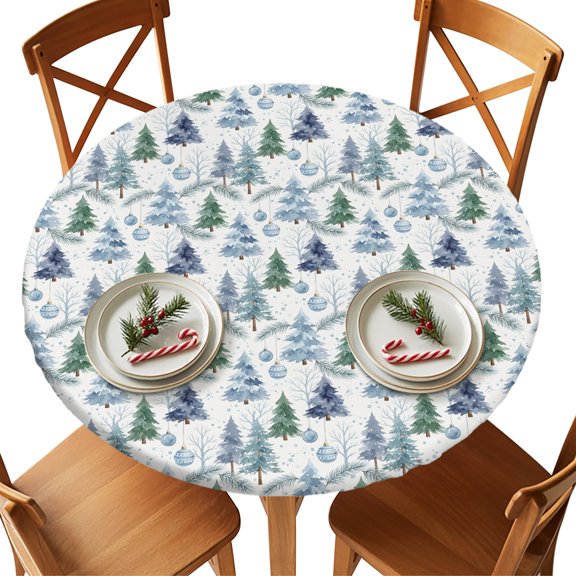 Fitted Round Tablecloths Elastic Edged Table Covers 55"-60",Rustic Pine Tree Seamless Waterproof Dining Room Table Cloth