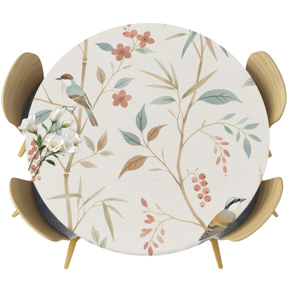 Fitted Round Tablecloths Elastic Edged Table Covers 55"-60",Rustic Tree Branch Bird Flower Waterproof Dining Room Table Cloth