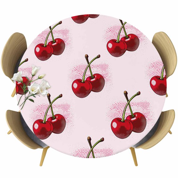 Fitted Round Tablecloths Elastic Edged Table Covers 55"-60",Seamless Red Cherry on Pink Waterproof Dining Room Table Cloth