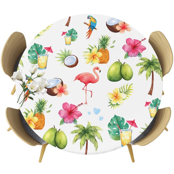Fitted Round Tablecloths Elastic Edged Table Covers 55"-60",Summer Flamingo Flower Coconut Pineapple Waterproof Dining Room Table Cloth