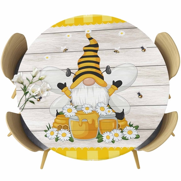 Fitted Round Tablecloths Elastic Edged Table Covers 55"-60",Watercolor Bee Dwarfs Waterproof Dining Room Table Cloth