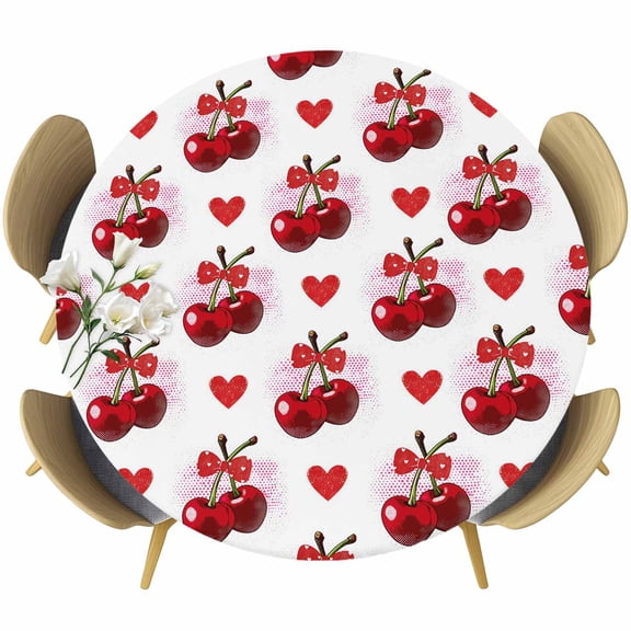 Fitted Round Tablecloths Elastic Edged Table Covers 55"-60",Watercolor Cherry Red Heart Bow Waterproof Dining Room Table Cloth