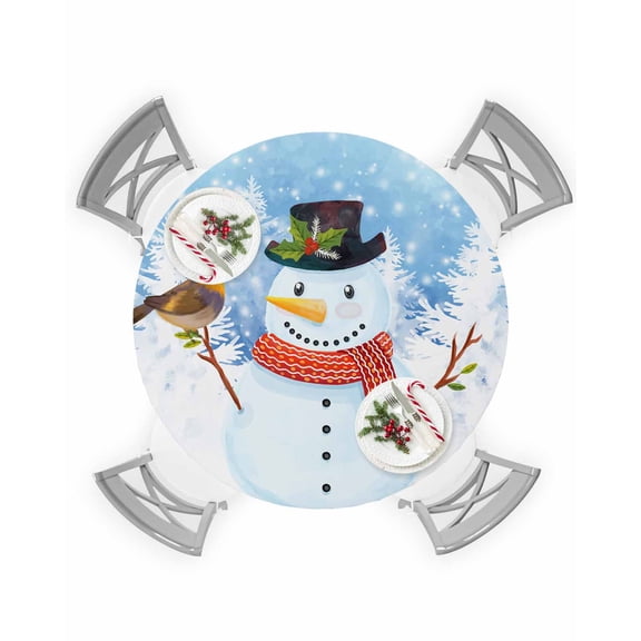 Fitted Round Tablecloths Table Covers 36-44in,Christmas Winter Snowman Robin Bird Waterproof Elastic Edged Table Cloth for Kitchen Dining Holiday Party Tables Decor,Snow Scene Pine Forest on Blue