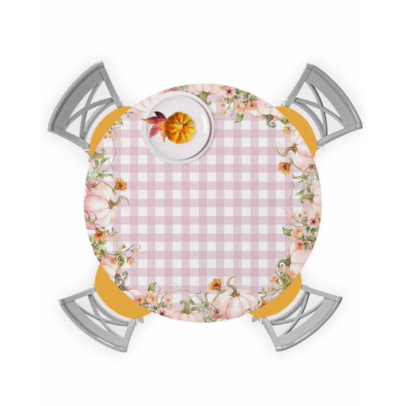 Fitted Round Tablecloths Table Covers 36-44in,Fall Harvest Thanksgiving Pumpkin Waterproof Elastic Edged Table Cloth for Kitchen Dining Holiday Party Tables Decor,Flower Leaves on Pink Checker