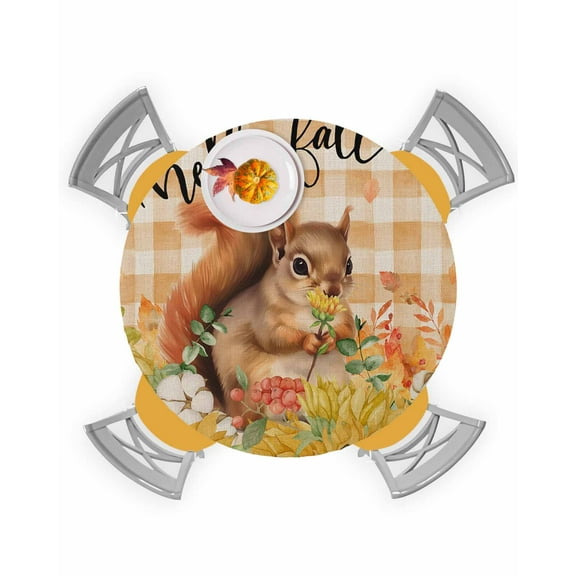 Fitted Round Tablecloths Table Covers 36-44in,Hello Fall Thanksgiving Squirrel Floral Waterproof Elastic Edged Table Cloth for Kitchen Dining Holiday Party Tables Decor,Sunflower Leaves on Plaid