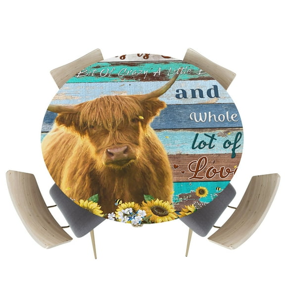 Fitted Round Tablecloths Table Covers 36-44in,Highland Buff Mottled Wood Plank Waterproof Elastic Edged Table Cloth for Kitchen Dining Holiday Party Tables Decor,Farm Sunflowers Cow