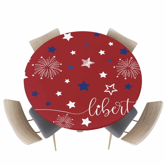 Fitted Round Tablecloths Table Covers 36-44in,Memorial Day White Blue Star on Red Waterproof Elastic Edged Table Cloth for Kitchen Dining Holiday Party Tables Decor,Patriotic Liberty Celebration