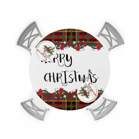 Fitted Round Tablecloths Table Covers 36-44in,Merry Christmas Poinsettia with Robin Birds Waterproof Elastic Edged Table Cloth for Kitchen Dining Holiday Party Tables,Vintage Rustic Buffalo Lattice