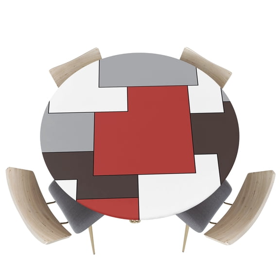 Fitted Round Tablecloths Table Covers 36-44in,Mid-Century Abstract Geometric Waterproof Elastic Edged Table Cloth for Kitchen Dining Holiday Party Tables Decor,Modern Gray Red Art