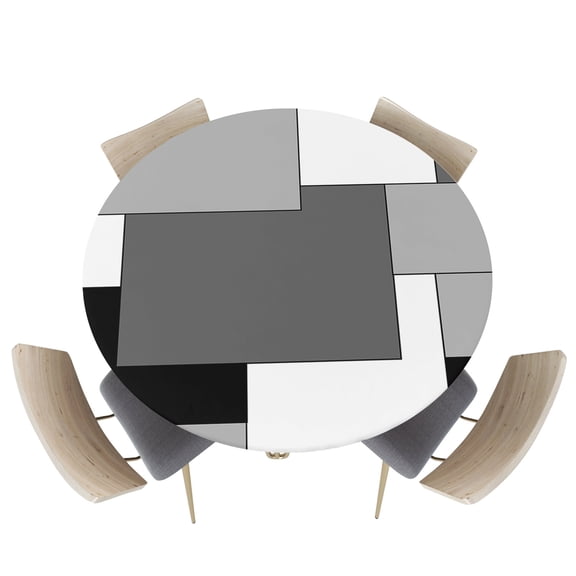 Fitted Round Tablecloths Table Covers 36-44in,Modern Black Grey White Blocks Patchwork Waterproof Elastic Edged Table Cloth for Kitchen Dining Holiday Party Tables Decor,Abstract Geometric Art