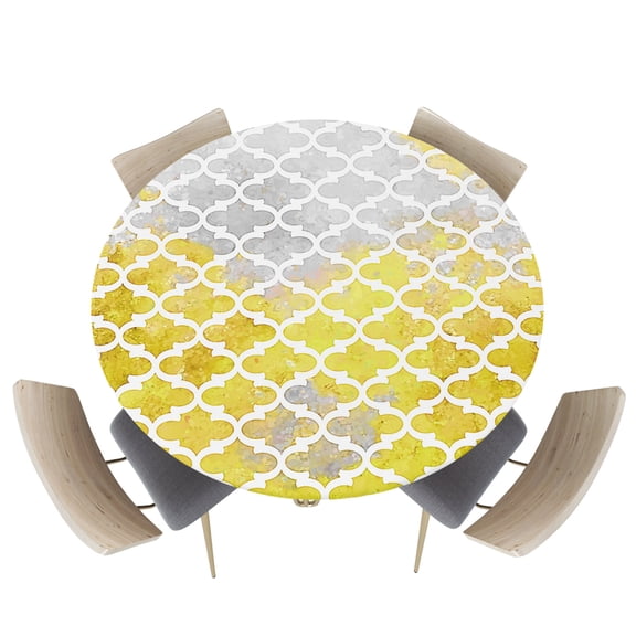 Fitted Round Tablecloths Table Covers 36-44in,Modern Morocco Trellis Grid Tile Waterproof Elastic Edged Table Cloth for Kitchen Dining Holiday Party Tables Decor,on Abstract Yellow Grey