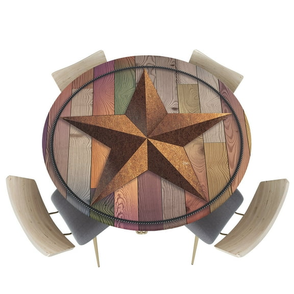 Fitted Round Tablecloths Table Covers 36-44in,Rustic Country Stars on Shabby Wooden Grain Waterproof Elastic Edged Table Cloth for Kitchen Dining Holiday Party Tables Decor,Retro Farm