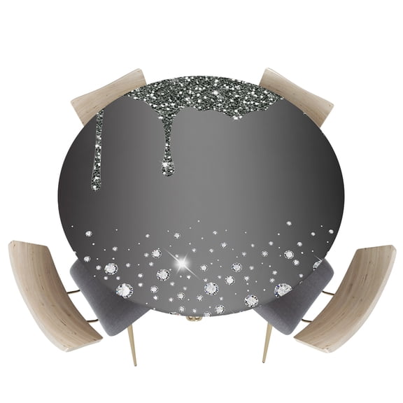 Fitted Round Tablecloths Table Covers 36-44in,Shining Crystal Bling Diamond Waterproof Elastic Edged Table Cloth for Kitchen Dining Holiday Party Tables Decor,Water Drop on Black Grey