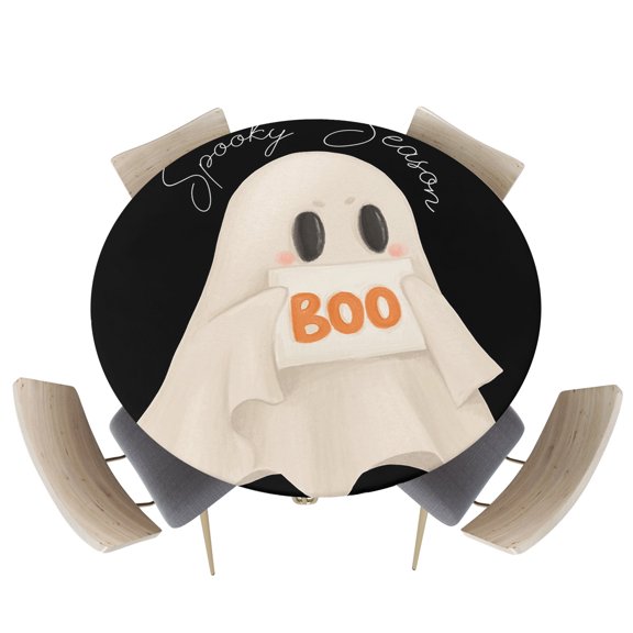 Fitted Round Tablecloths Table Covers 36-44in,Spooky Halloween Cute Ghost Boo Waterproof Elastic Edged Table Cloth for Kitchen Dining Holiday Party Tables Decor,Black and White Art
