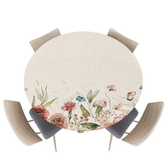 Fitted Round Tablecloths Table Covers 36-44in,Spring Blossom Flowers with Butterfly Waterproof Elastic Edged Table Cloth for Kitchen Dining Holiday Party Tables Decor,Nature Field Vintage Burlap