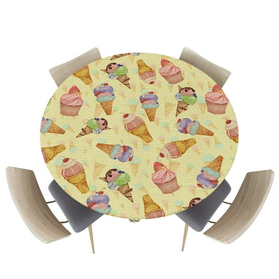 Fitted Round Tablecloths Table Covers 36-44in,Summer Ice-cream Seamless Cake Waterproof Elastic Edged Table Cloth for Kitchen Dining Holiday Party Tables Decor,Cherries Sweet Dessert