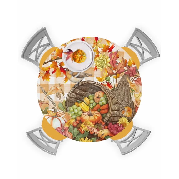 Fitted Round Tablecloths Table Covers 36-44in,Thanksgiving Fall Harvest Pumpkin Waterproof Elastic Edged Table Cloth for Kitchen Dining Holiday Party Tables Decor,Fruit Maple Leaves on Orange Plaid