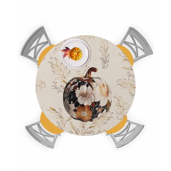 Fitted Round Tablecloths Table Covers 36-44in,Thanksgiving Fall Oil Painting Pumpkin Waterproof Elastic Edged Table Cloth for Kitchen Dining Holiday Party Tables Decor,Gold Stripe Leaves on Linen