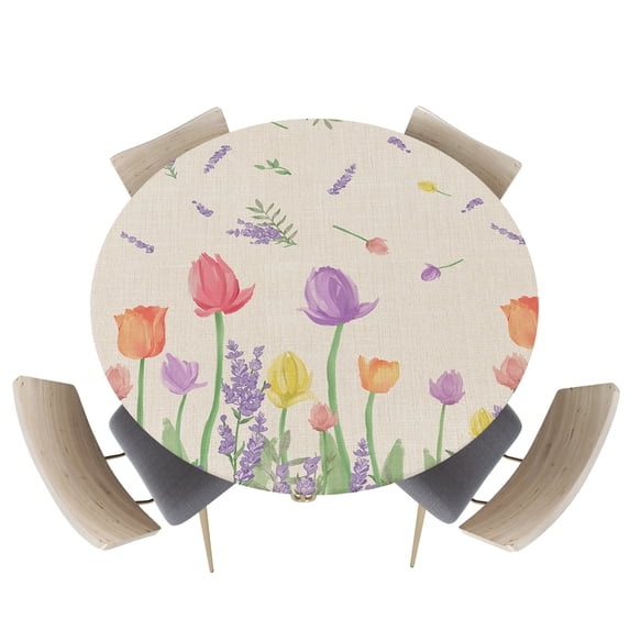 Fitted Round Tablecloths Table Covers 36-44in,Tulip and Lavender Floral on Burlap Waterproof Elastic Edged Table Cloth for Kitchen Dining Holiday Party Tables Decor,Watercolor Blossom Flower