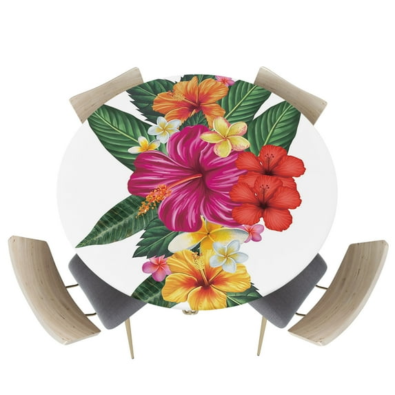Fitted Round Tablecloths Table Covers 36-44in,Watercolor Puerto Rico Hibiscus Flower and Green Leaves Waterproof Elastic Edged Table Cloth for Kitchen Dining Holiday Party Tables Decor,White