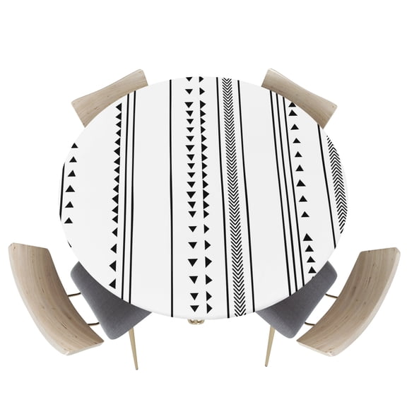 Fitted Round Tablecloths Table Covers 45-54in,Bohemian Geometric Triangle Black Line Stripe Art Waterproof Elastic Edged Table Cloth for Kitchen Dining Holiday Party Tables Decor,Boho White