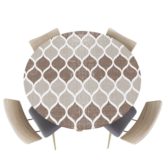 Fitted Round Tablecloths Table Covers 45-54in,Mid Century Abstract Waterproof Elastic Edged Table Cloth for Kitchen Dining Holiday Party Tables Decor,Brown Khaki Moroccan Aesthetics