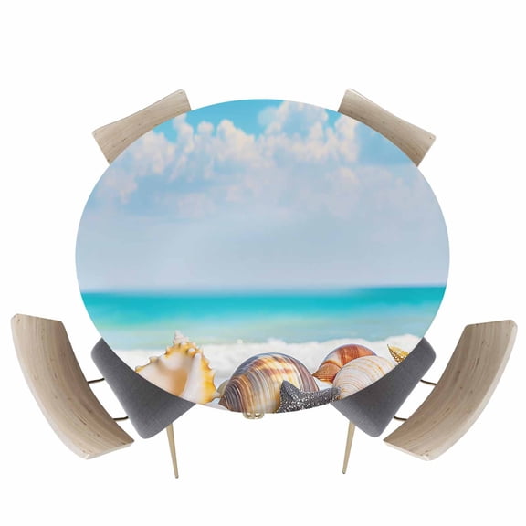 Fitted Round Tablecloths Table Covers 45-54in,Summer Ocean Beach Shell Starfish Waterproof Elastic Edged Table Cloth for Kitchen Dining Holiday Party Tables Decor,Marine Coastal Blue Sky