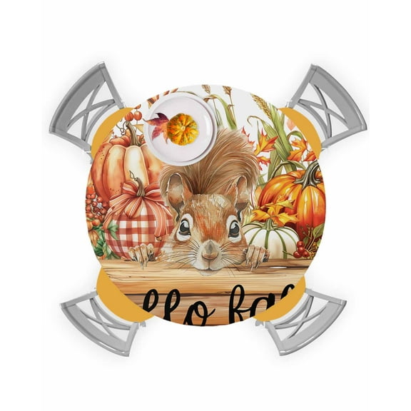Fitted Round Tablecloths Table Covers 45-54in,Thanksgiving Hello Fall Pumpkin Squirrel Waterproof Elastic Edged Table Cloth for Kitchen Dining Holiday Party Tables Decor,Harvest Wheat Berry and Wood