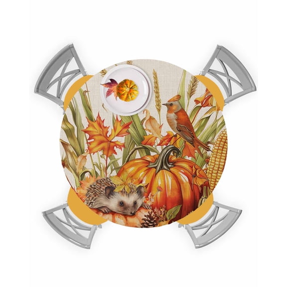 Fitted Round Tablecloths Table Covers 45-54in,Thanksgiving Pumpkin Wheat Hedgehog Waterproof Elastic Edged Table Cloth for Kitchen Dining Holiday Party Tables Decor,Farm Corn Maple Leaf on Flax
