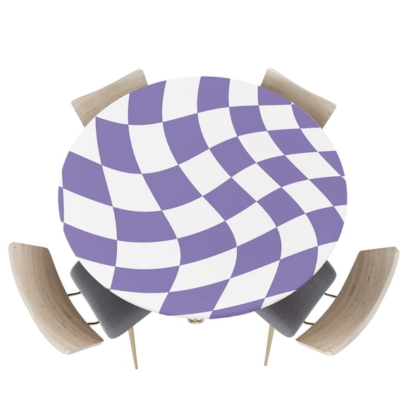 Fitted Round Tablecloths Table Covers 55-60in,Abstract Purple White Checker Waterproof Elastic Edged Table Cloth for Kitchen Dining Holiday Party Tables Decor,Distortion Aesthetic