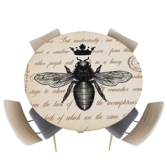 Fitted Round Tablecloths Table Covers 55-60in,Black Queen Bee and Crown on Vintage Letter Back Waterproof Elastic Edged Table Cloth for Kitchen Dining Holiday Party Tables Decor,Farmhouse