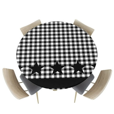 Fitted Round Tablecloths Table Covers 55-60in,Black and White Buffalo Plaid Grid Waterproof Elastic Edged Table Cloth for Kitchen Dining Holiday Party Tables Decor,Rustic Star Pattern on Checker
