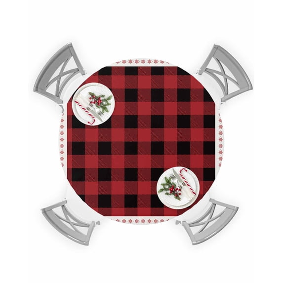 Fitted Round Tablecloths Table Covers 55-60in,Christmas Classic Red and Black Check Waterproof Elastic Edged Table Cloth for Kitchen Dining Holiday Party Tables Decor,Vintage Linen