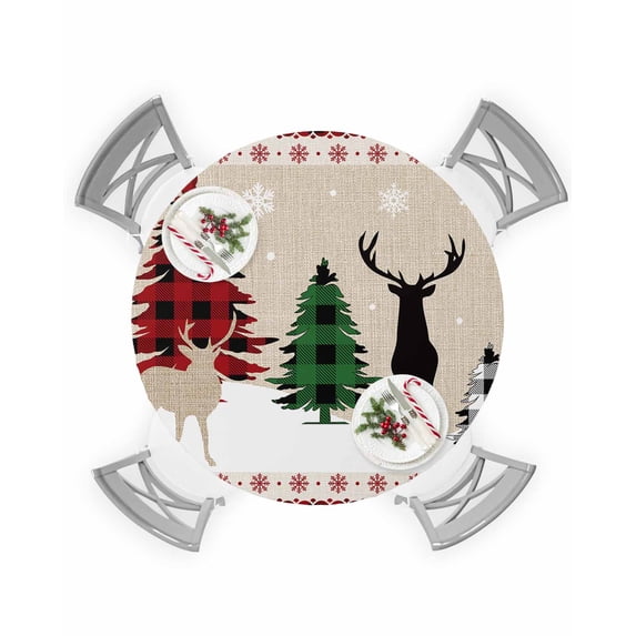 Fitted Round Tablecloths Table Covers 55-60in,Christmas Tree Elk Snowflake Waterproof Elastic Edged Table Cloth for Kitchen Dining Holiday Party Tables Decor,Linen Buffalo Checker Border