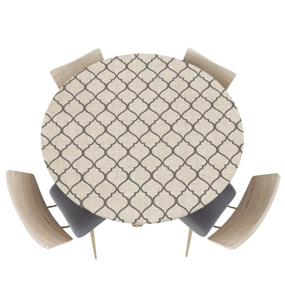 Fitted Round Tablecloths Table Covers 55-60in,Country Morocco Tile Geometric Pattern Waterproof Elastic Edged Table Cloth for Kitchen Dining Holiday Party Tables Decor,Vintage Brown Gray