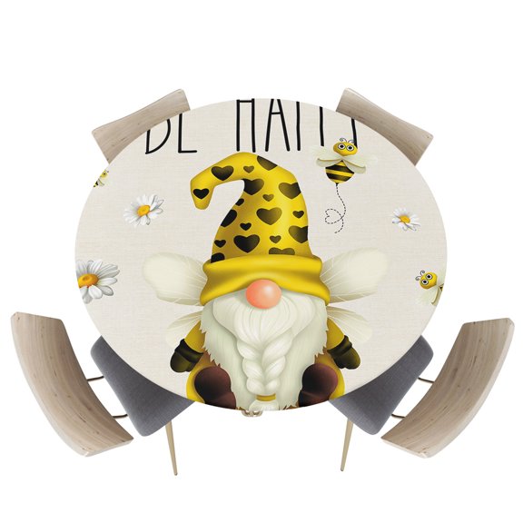 Fitted Round Tablecloths Table Covers 55-60in,Cute Gnome Bees Daisy Floral Waterproof Elastic Edged Table Cloth for Kitchen Dining Holiday Party Tables Decor,Inspiration Happy Quote on Linen