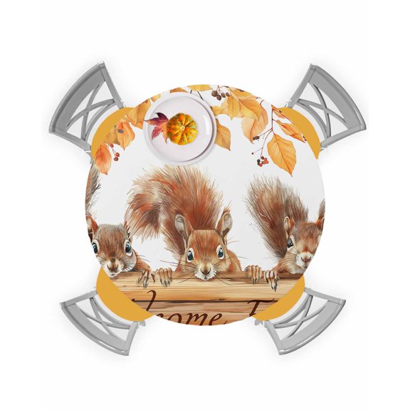 Fitted Round Tablecloths Table Covers 55-60in,Fall Thanksgiving Farm Squirrel Waterproof Elastic Edged Table Cloth for Kitchen Dining Holiday Party Tables Decor,Botanical Leaves Wooden Plank