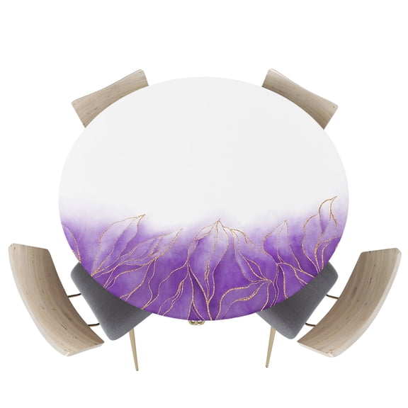Fitted Round Tablecloths Table Covers 55-60in,Gold Stripe Leaves Texture on Ombre Waterproof Elastic Edged Table Cloth for Kitchen Dining Holiday Party Tables Decor,Abstract Purple White Gradient